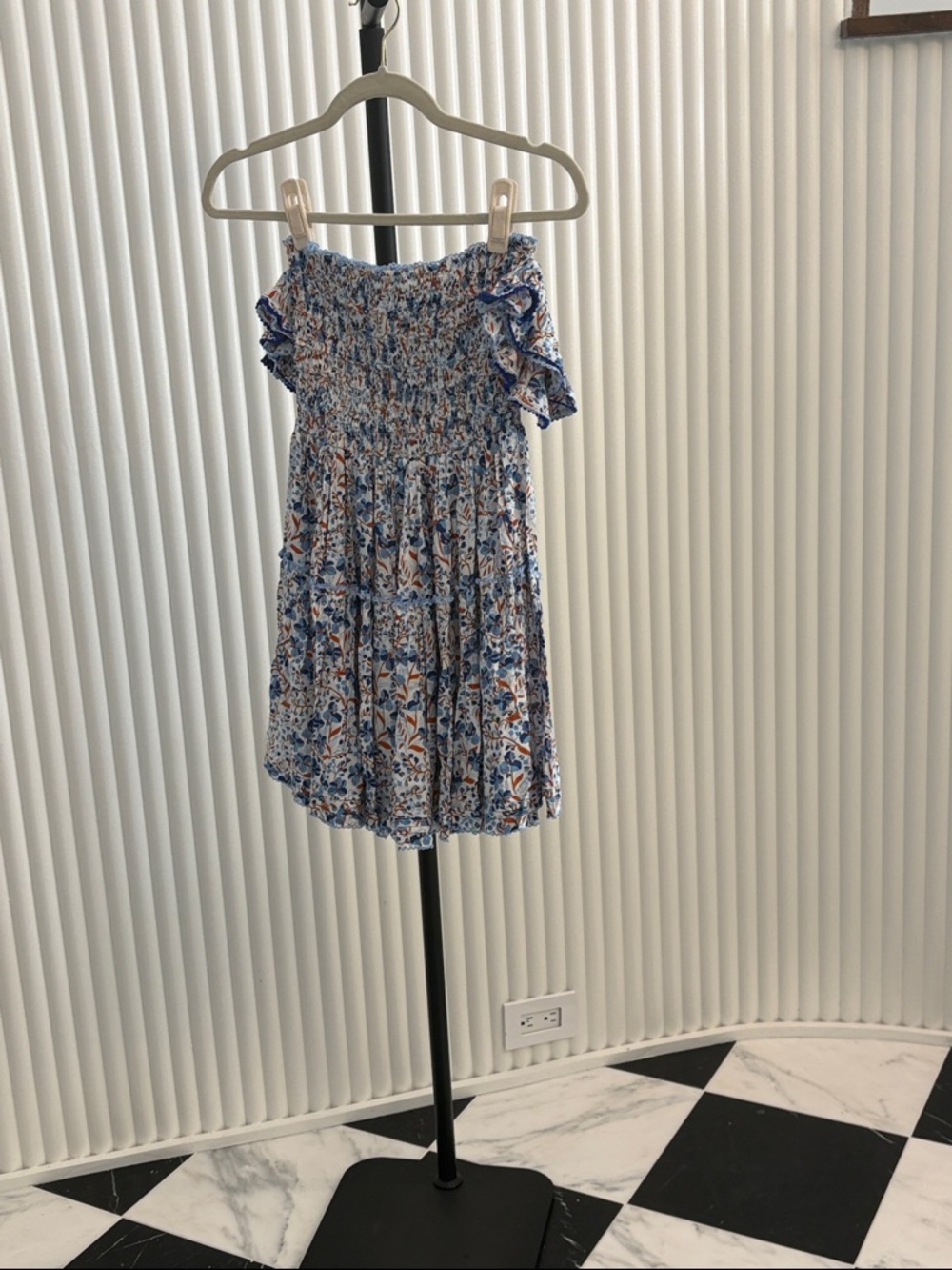 Poupette St. Barth Blue and White Floral Smocked Off-Shoulder Dress